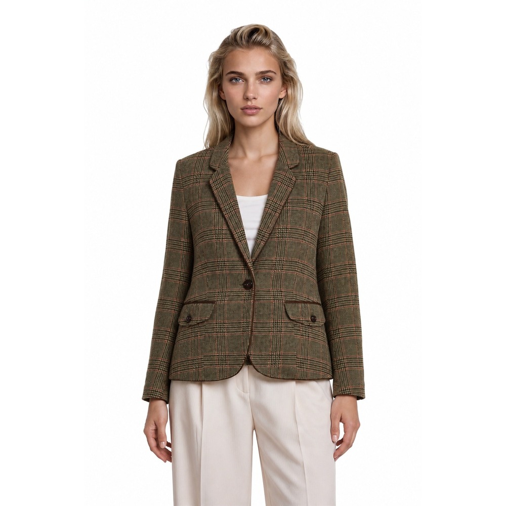 Vintage Lands' End Blazer Women's Size 16 Brown Glen Plaid Wool Blend Two Button